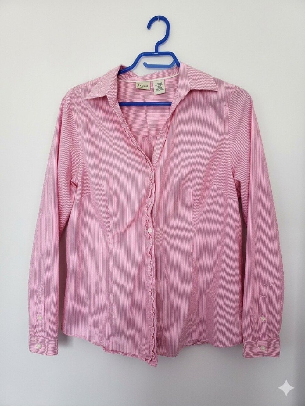 L.L.Bean Pink Pinstripe Ruffle Button Up Shirt 100% Cotton, Large
